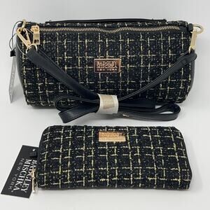 Badgley Mischka New York Black Gold Tweed Shoulder Crossbody Bag and Wallet Set